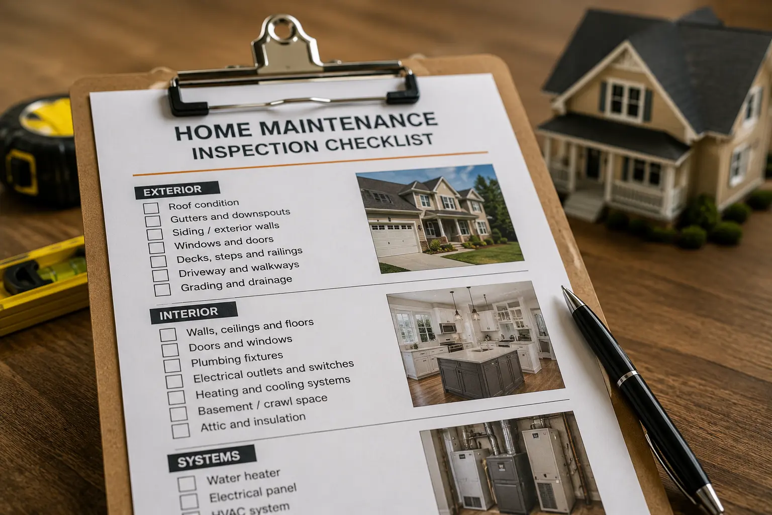 Home maintenance inspection checklist for evaluating the condition of a home