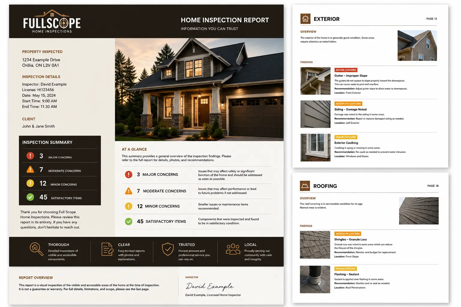 Sample Full Scope Home Inspections report showing detailed findings, photos and inspection observations